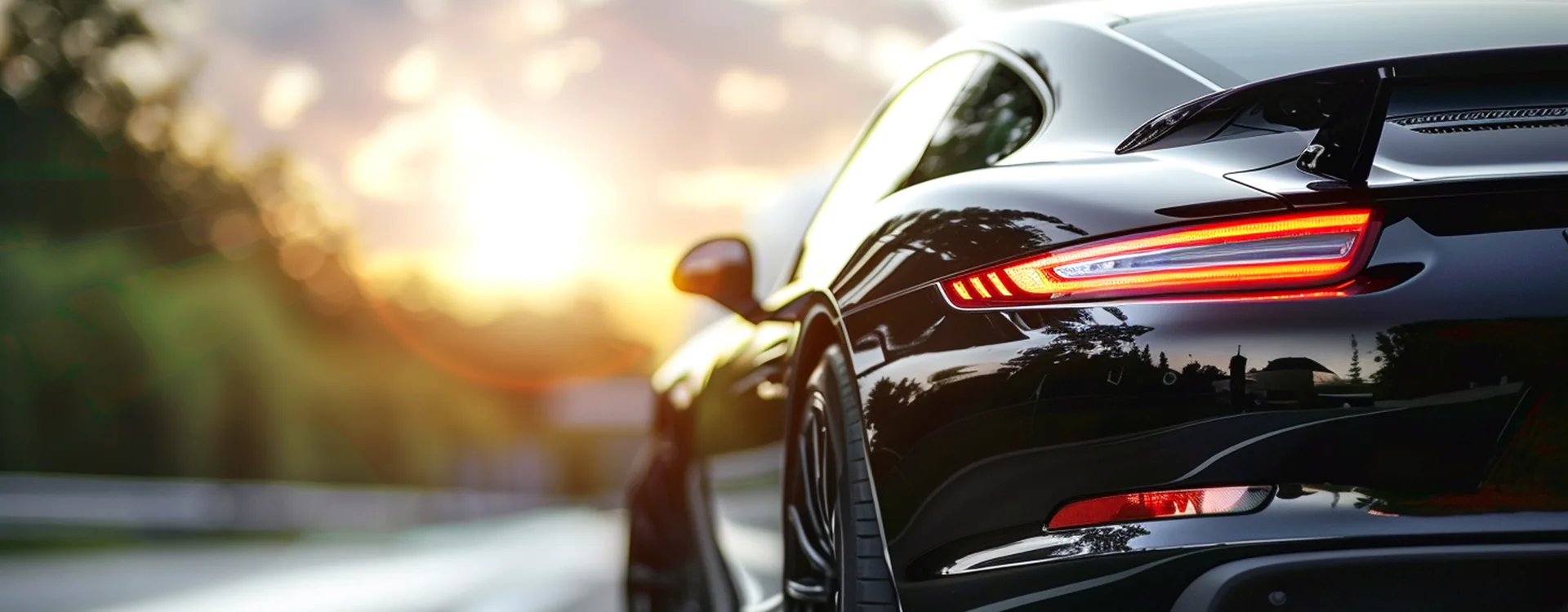 Arrière d’une voiture de sport noire au coucher du soleil