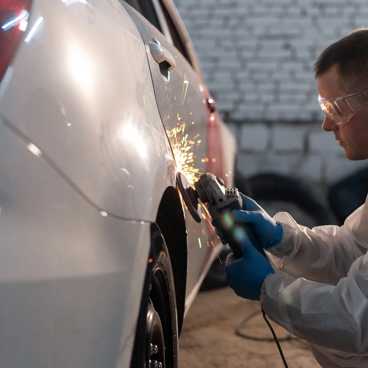 Carrossier à la meuleuse sur la carrosserie d’une voiture dans l’atelier