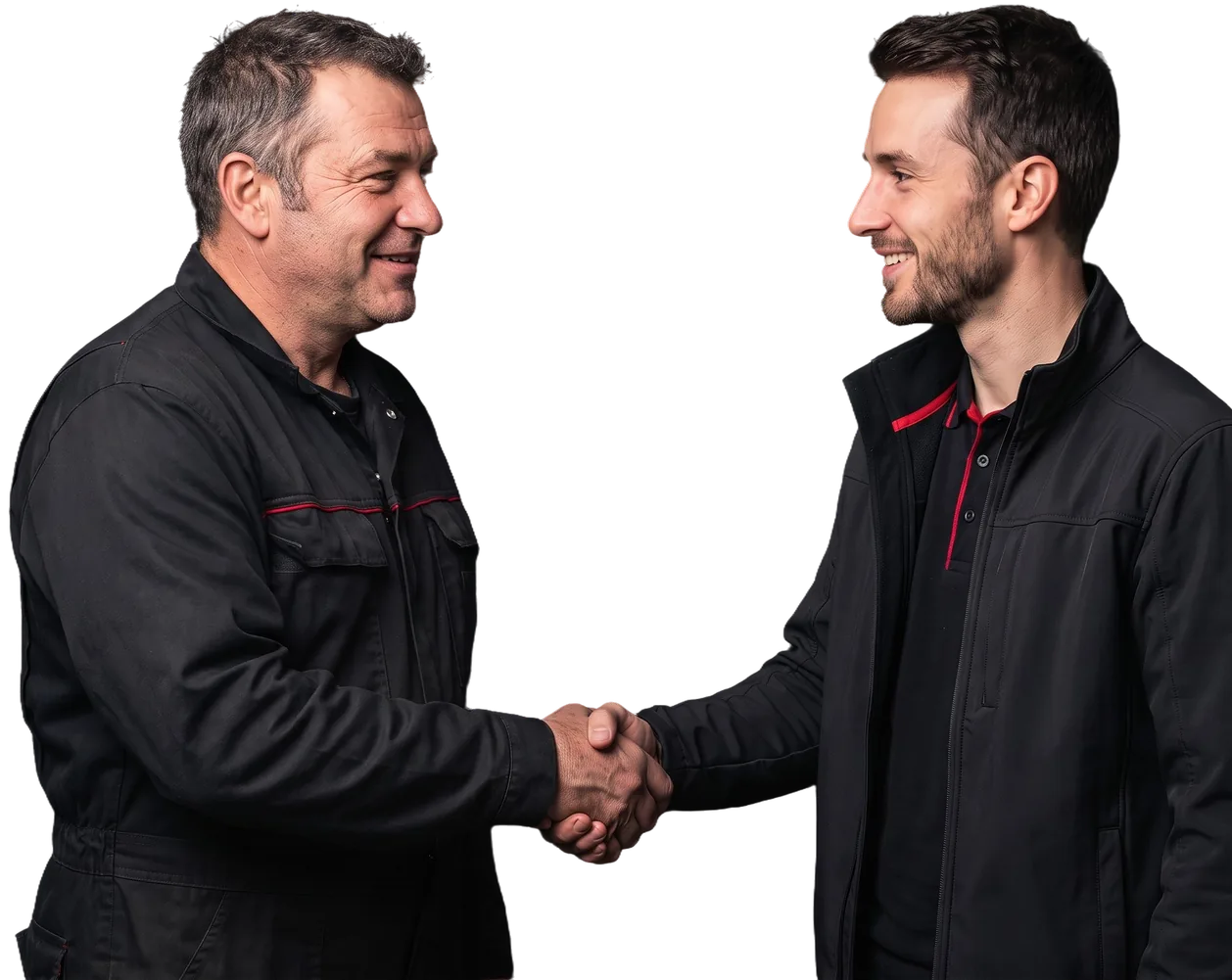 Deux carrossiers de l’atelier se serrant la main