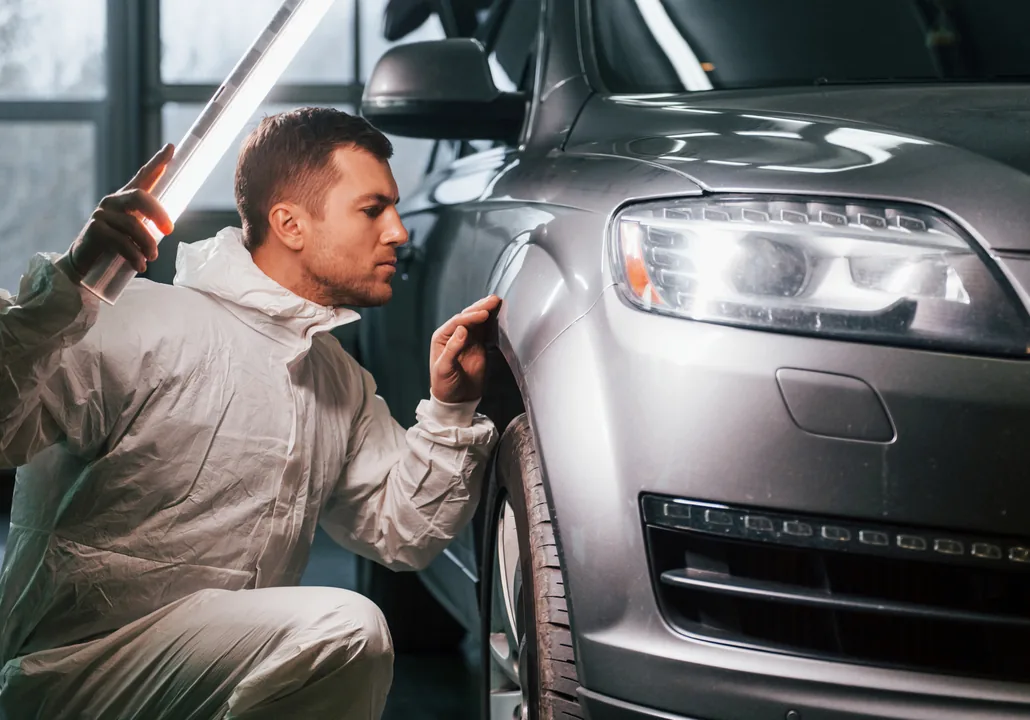 Carrossier contrôlant l’ajustement d’un élément de carrosserie